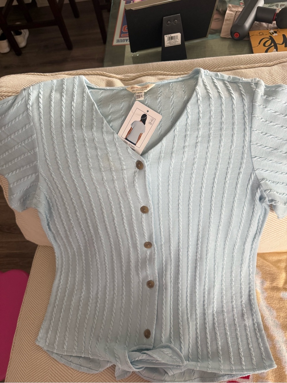 Vintage Light Blue Knit Button-Front Top